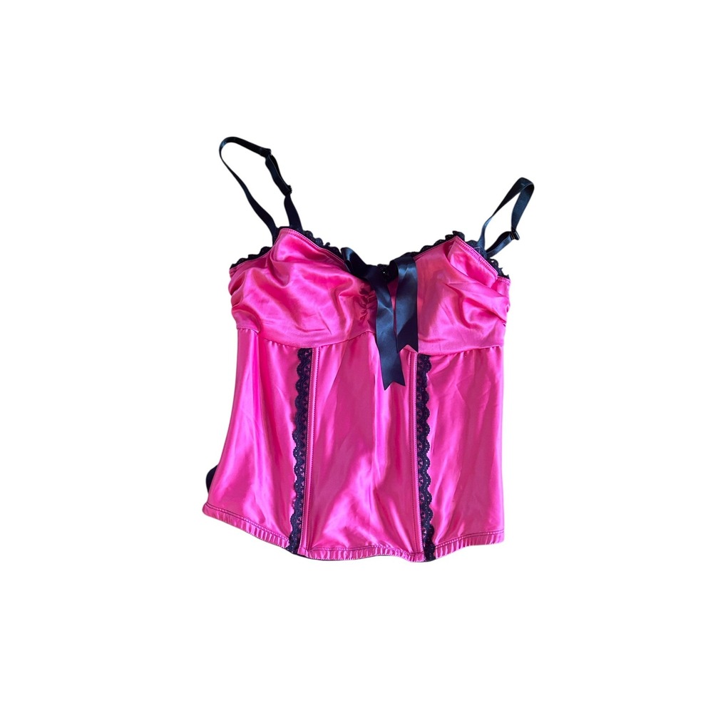 Cacique Pink Satin Black Lace Trim Bustier Corset Top Size 1X 14/16 NWT